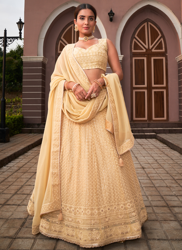 Beige Georgette Lucknowi Work Lehenga Choli For Wedding